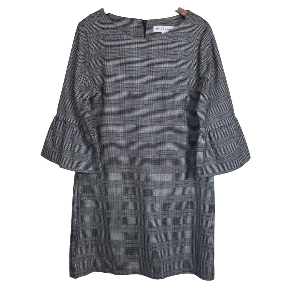 Emma & Michele Grey Plaid Metallic Bell Sleeve Shift Dress 12 Silver Sparkle